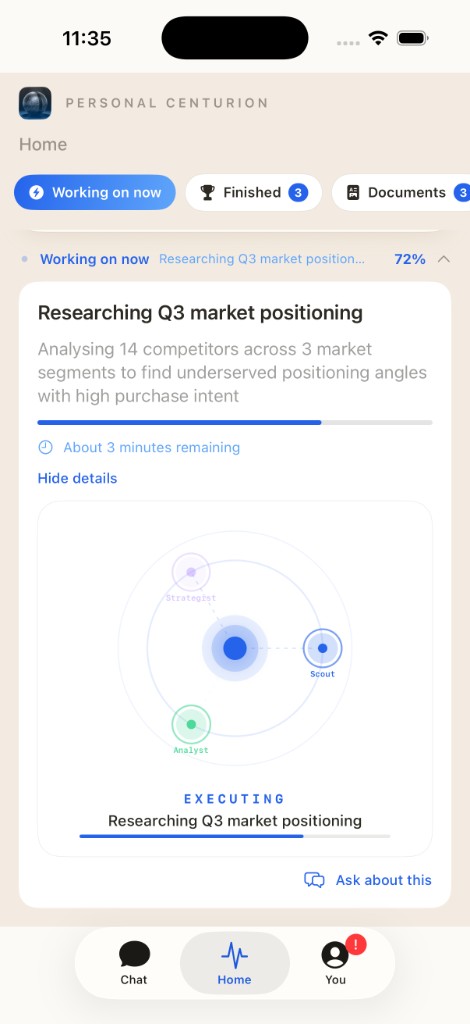 Personal Centurion AI Remote on iPhone — Home view with mission work in progress